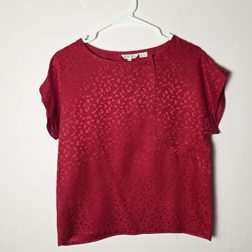Vintage 100% Silk Blouse Red Jacquard Top Minimalist Short Sleeve Luxe Medium